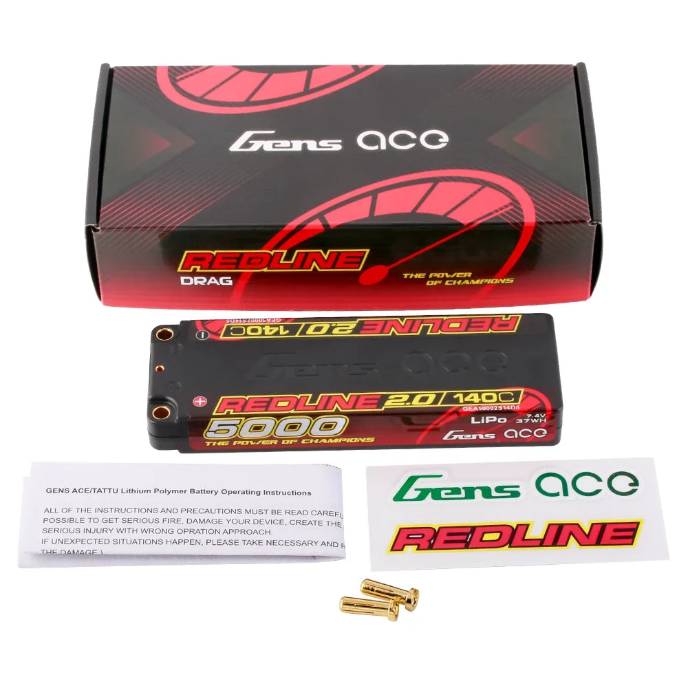 Gens ace 5000mAh 2S 140C 7.4V Lipo Battery | 5.0mm bullet | Redline 2.0