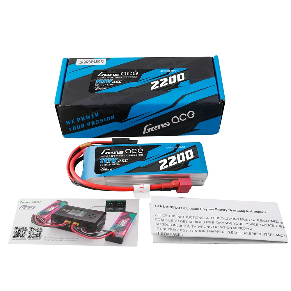 Gens ace 2200mAh 3S 25C 11.1V G-tech Lipo Battery Pack with Deans Plug