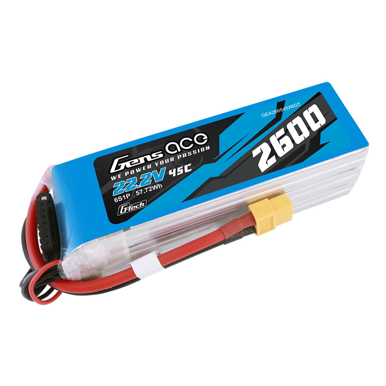 Gens Ace 2600mAh 22.2V 6S 45C G-Tech Lipo Battery Pack With XT60 Plug