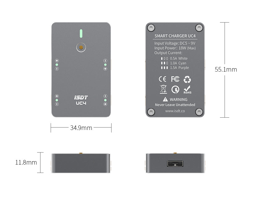 ISDT UC4 18W 4X1.5A 1S Mini Smart Battery Charger JST-PH 2.0 Output