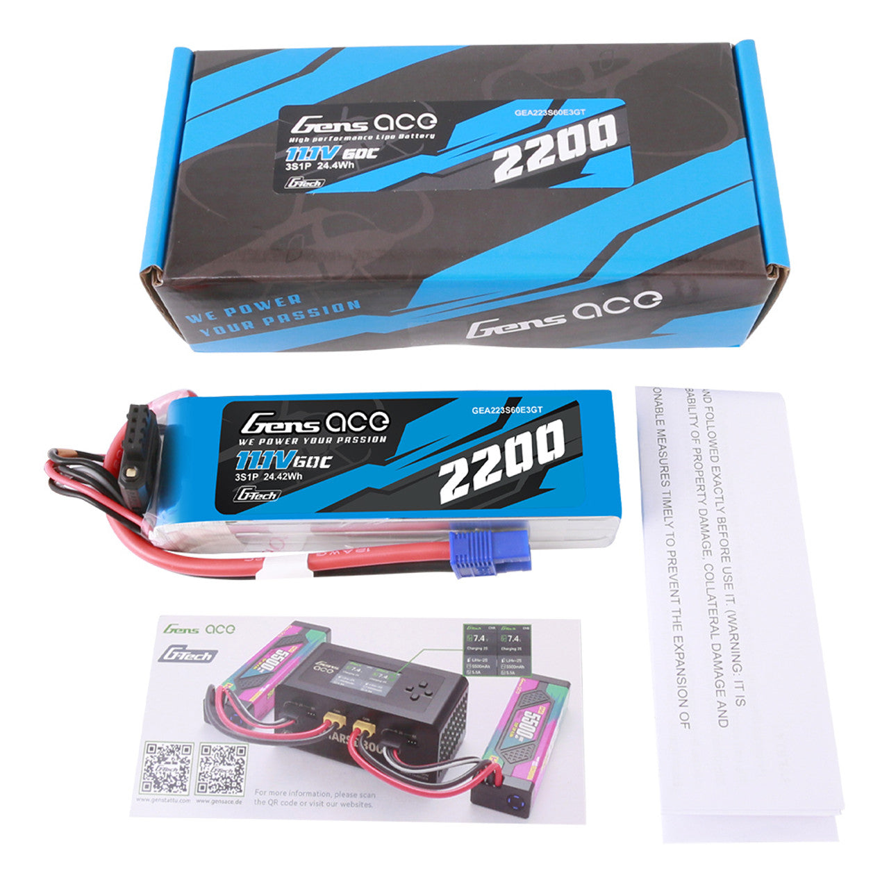 Gens Ace 2200mAh 3S 11.1V 60C G-Tech Lipo Battery Pack With EC3 Plug