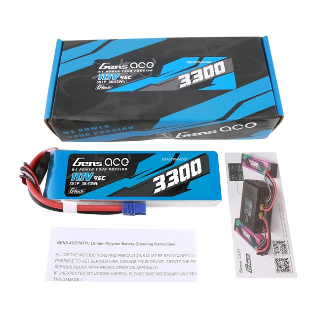 Gens ace 3300mAh 3S 45C 11.1V G-tech Lipo Battery Pack with EC3 Plug