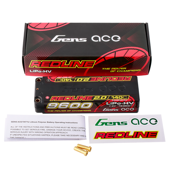 Gens Ace 9600mAh 2S 7.6V 140C HardCase 58# Redline 2.0 Series Lipo Battery With 5.0mm Bullet