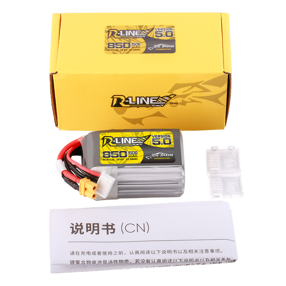 Tattu R-Line Version 5.0 850mAh 4S 150C 14.8V Lipo Battery Pack with XT30U-F Plug
