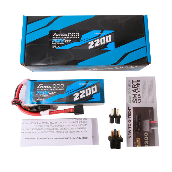 Gens Ace G-Tech 2200mAh 45C 14.8V 4S1P Lipo Battery Pack With EC3 And Deans Adapter