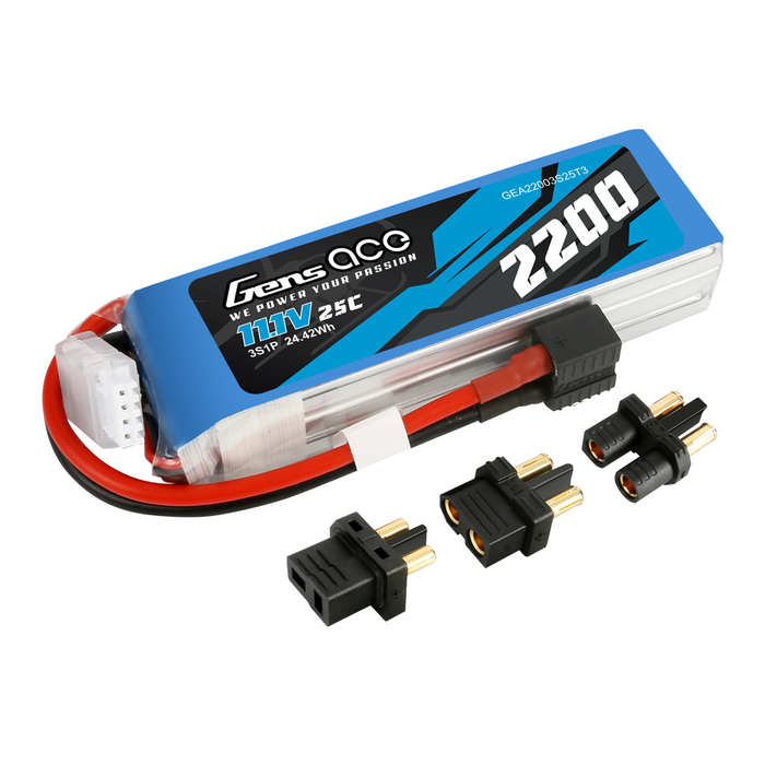 Gens Ace 2200mAh 11.1V 3S1P 25C Lipo Battery Pack With EC3, Deans And XT60 Adapter For RC Plane