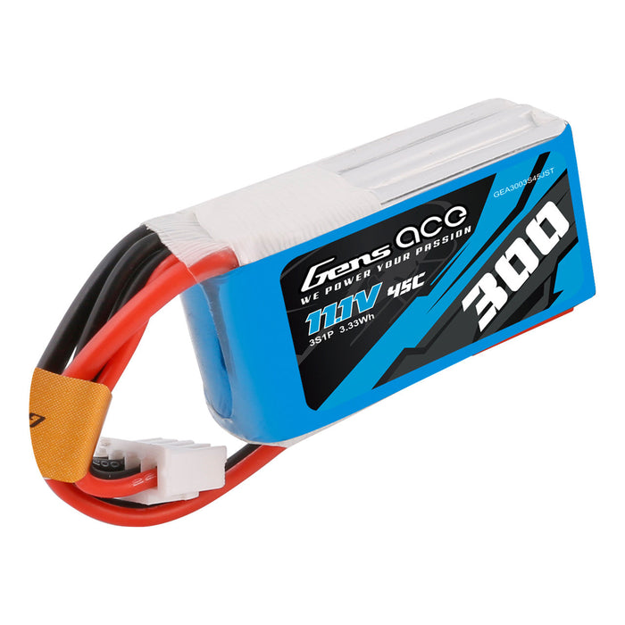 Gens Ace 300 MAh 11.1V 45C 3S1P Lipo Battery Pack With JST Plug