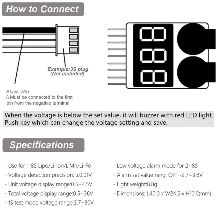 2-8S LiPo Battery Digital Voltage Checker and Alarm