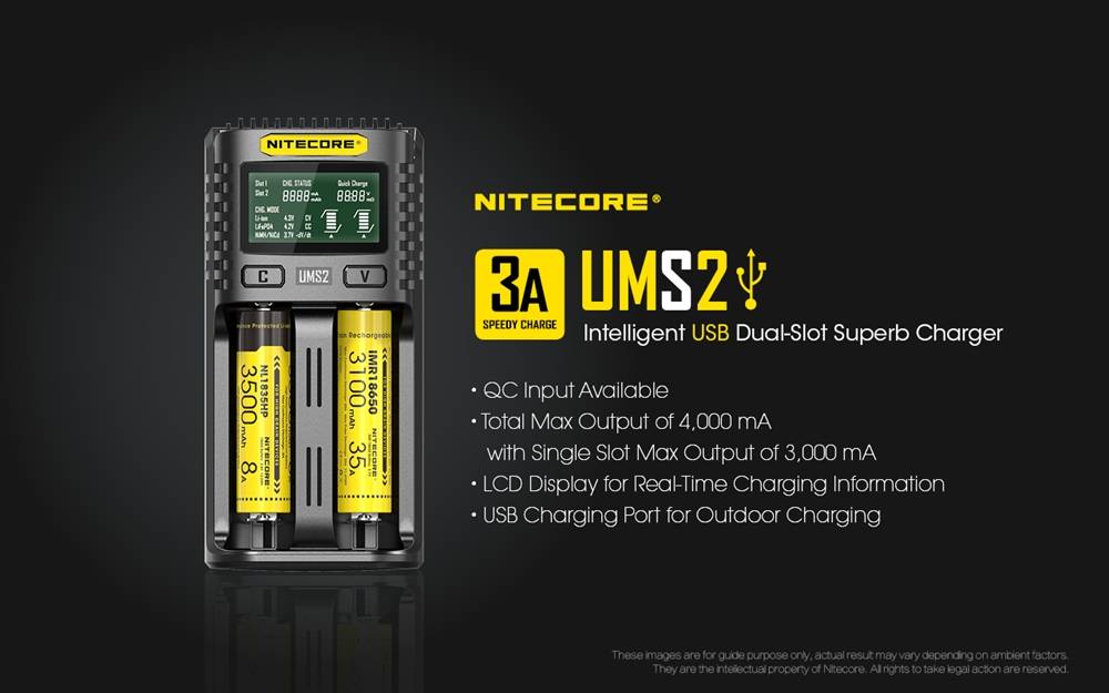 Nitecore UMS2 Dual-Slot USB Fast Charger for 18650 21700 batteries