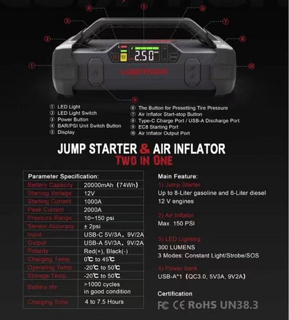TATTU JA301 - 2000A 12V Car Jump Starter With 150PSI Air Inflator